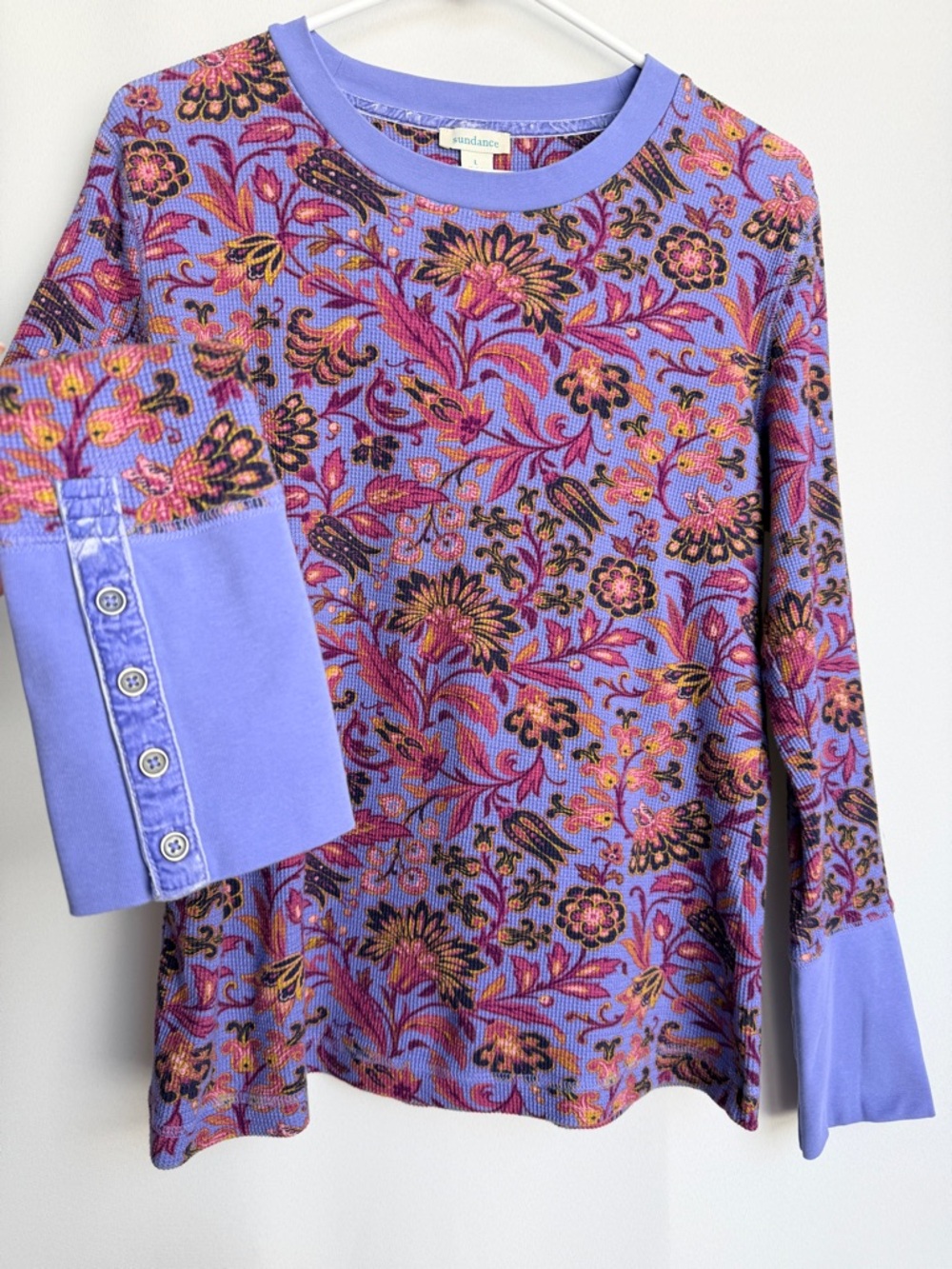 Sundance Floral Thermal Top Size L – Purple Boho Waffle Knit Long Sleeve